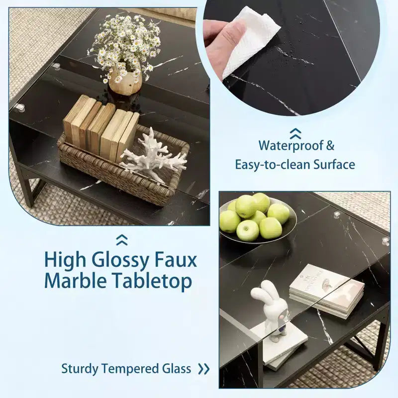 Table basse LED Costway avec 4 cubes de rangement, plateau en faux marbre et verre trempé pour salon, noir