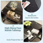 Table basse LED Costway avec 4 cubes de rangement, plateau en faux marbre et verre trempé pour salon, noir