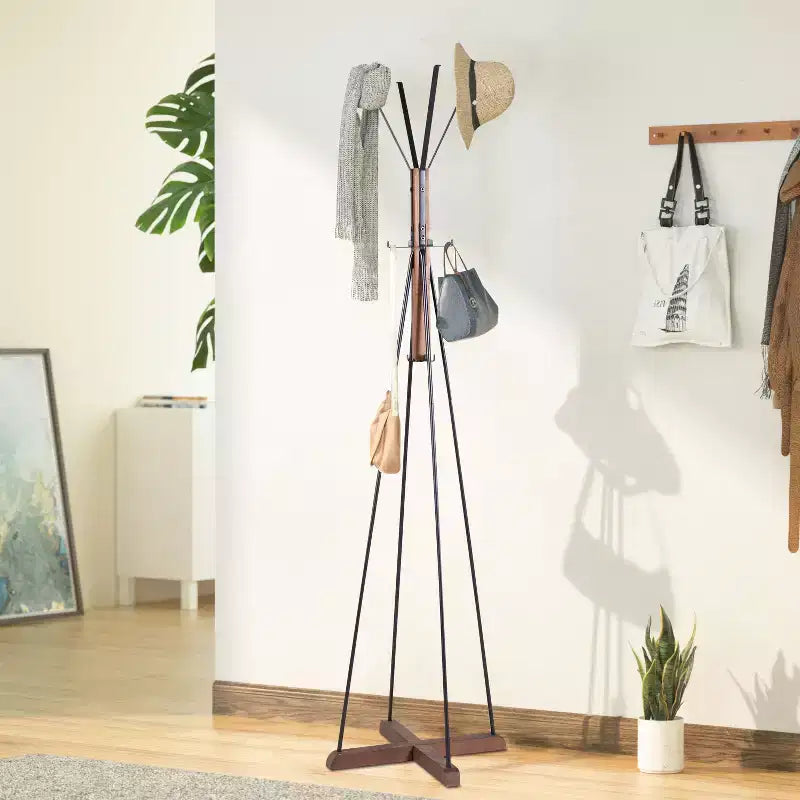 Okak Industrail Freestanding Coat Rack with Wooden Cross Base, Unique Storage Rack with 8 Hooks, Coat Tree for Living Room, Bedroom, Natural