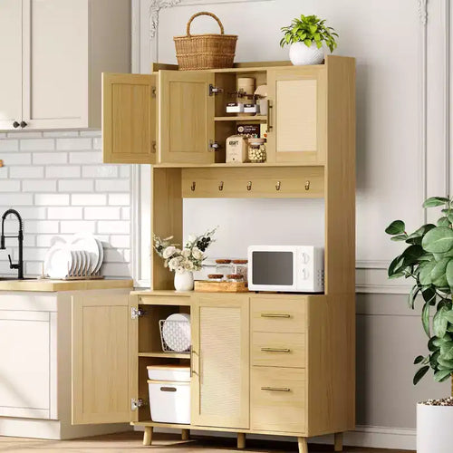 71 Natural Rattan Kitchen Pantry Cabinet C Farmhouse Hutch with 3 Drawers, Adjustable Shelves & 6 Hooks for Dining/Living Room
