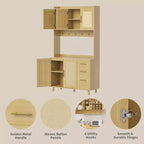 Meuble de rangement de cuisine 71 en rotin naturel, armoire de style campagnard avec 3 tiroirs, étagères réglables et 6 crochets pour salle à manger/salon