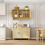 Meuble de rangement de cuisine 71 en rotin naturel, armoire de style campagnard avec 3 tiroirs, étagères réglables et 6 crochets pour salle à manger/salon