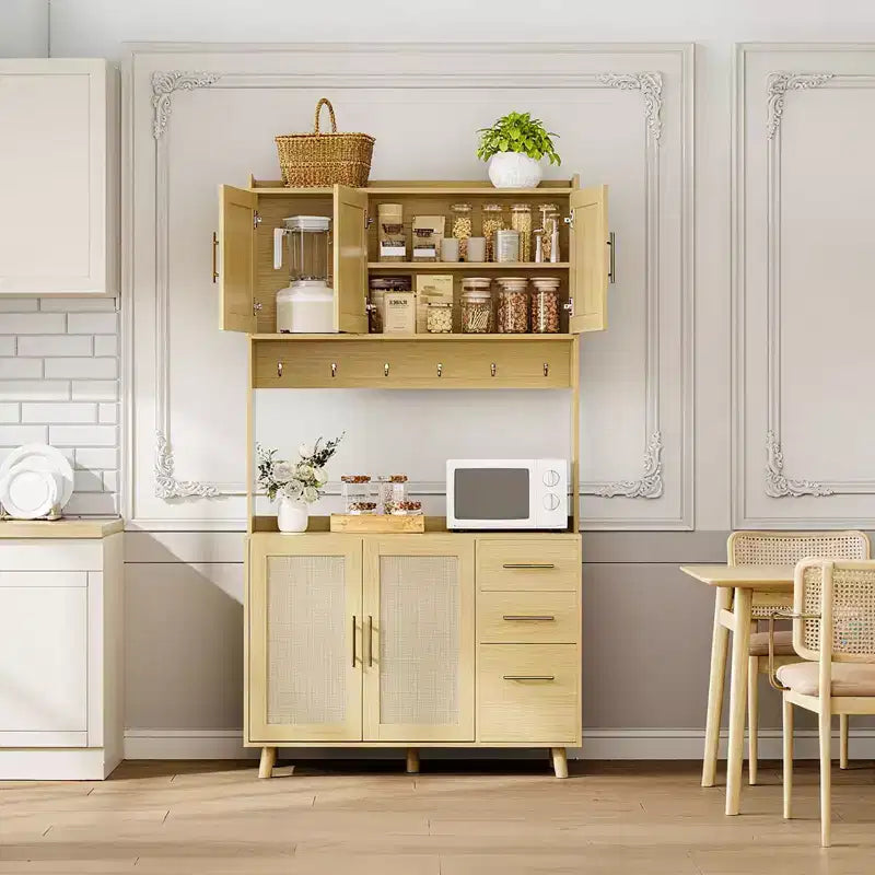 Meuble de rangement de cuisine 71 en rotin naturel, armoire de style campagnard avec 3 tiroirs, étagères réglables et 6 crochets pour salle à manger/salon