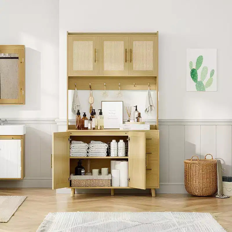 Meuble de rangement de cuisine 71 en rotin naturel, armoire de style campagnard avec 3 tiroirs, étagères réglables et 6 crochets pour salle à manger/salon