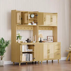 Meuble de rangement de cuisine 71 en rotin naturel, armoire de style campagnard avec 3 tiroirs, étagères réglables et 6 crochets pour salle à manger/salon