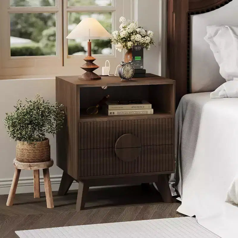 Table de Chevet Cannelée, Lot de 1, Table de Chevet en Bois avec 2 Tiroirs, Étagère Ouverte et Pieds, pour Chambre à Coucher, Salon, Gris