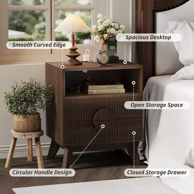 Table de Chevet Cannelée, Lot de 1, Table de Chevet en Bois avec 2 Tiroirs, Étagère Ouverte et Pieds, pour Chambre à Coucher, Salon, Gris