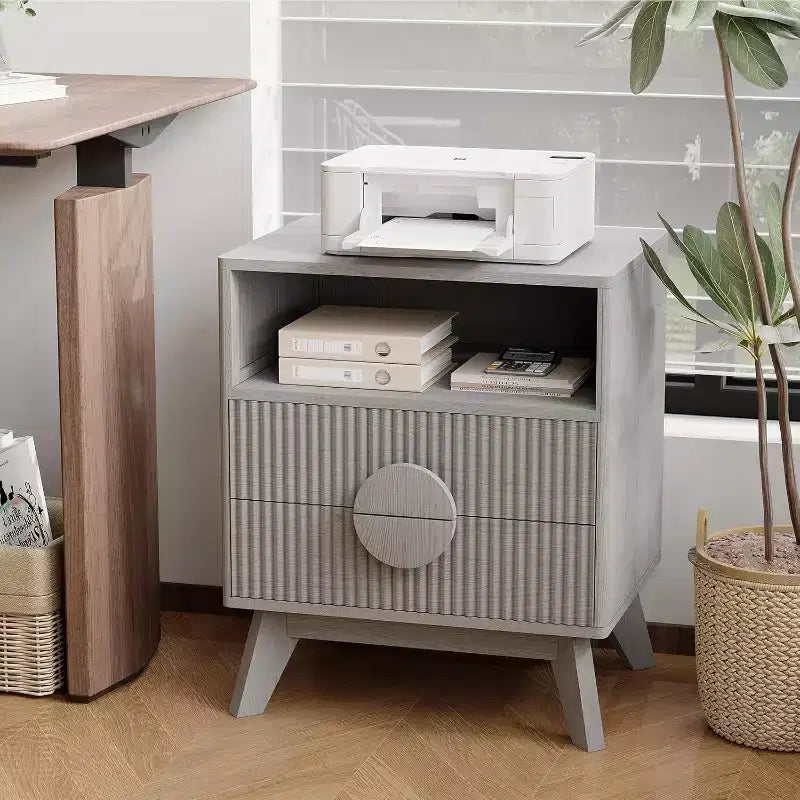 Table de Chevet Cannelée, Lot de 1, Table de Chevet en Bois avec 2 Tiroirs, Étagère Ouverte et Pieds, pour Chambre à Coucher, Salon, Gris
