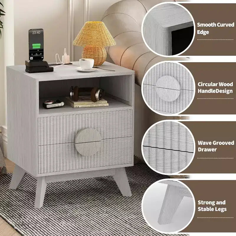 Table de Chevet Cannelée, Lot de 1, Table de Chevet en Bois avec 2 Tiroirs, Étagère Ouverte et Pieds, pour Chambre à Coucher, Salon, Gris