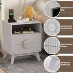 Table de Chevet Cannelée, Lot de 1, Table de Chevet en Bois avec 2 Tiroirs, Étagère Ouverte et Pieds, pour Chambre à Coucher, Salon, Gris