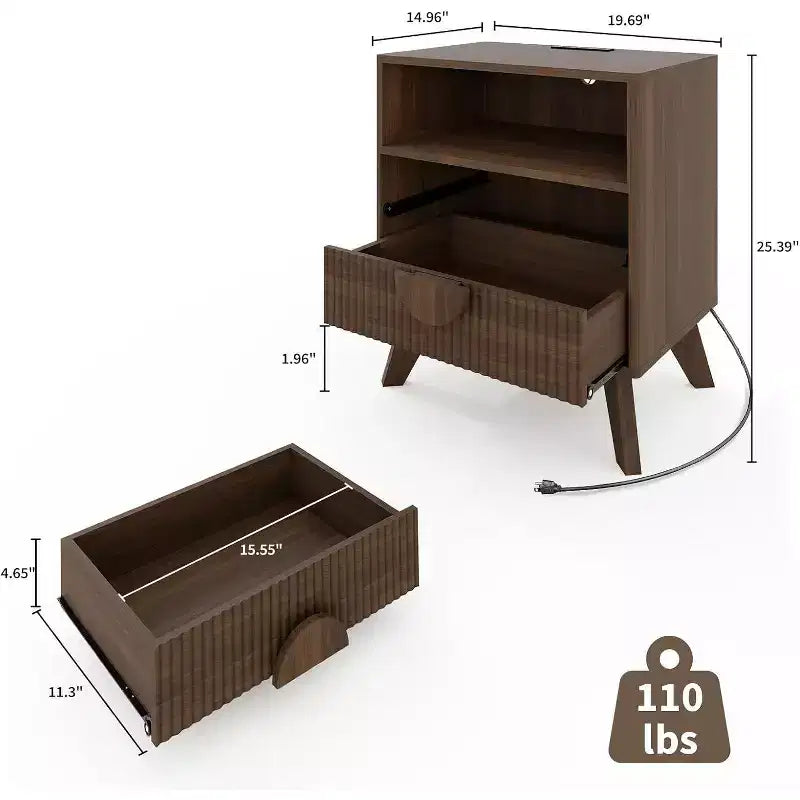 Table de Chevet Cannelée, Lot de 1, Table de Chevet en Bois avec 2 Tiroirs, Étagère Ouverte et Pieds, pour Chambre à Coucher, Salon, Gris