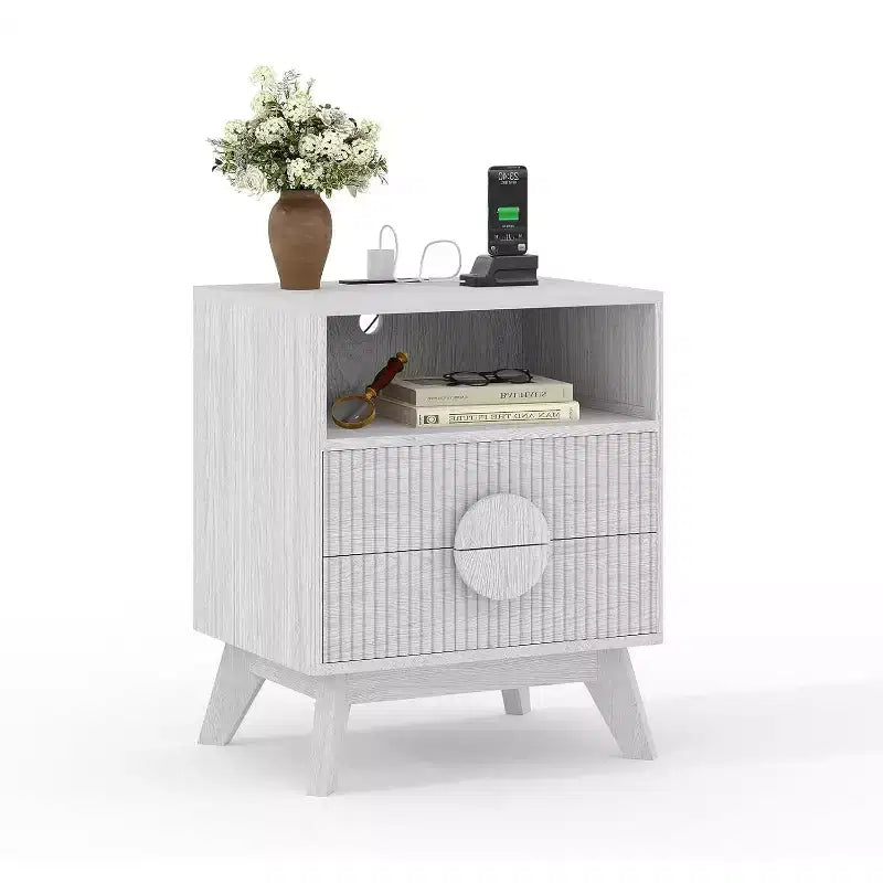 Fluted Night Stand Set of 1, Wood Nightstand End Table with 2 Drawers, Open Shelf and Feet, for Bedroom Living Room Grey