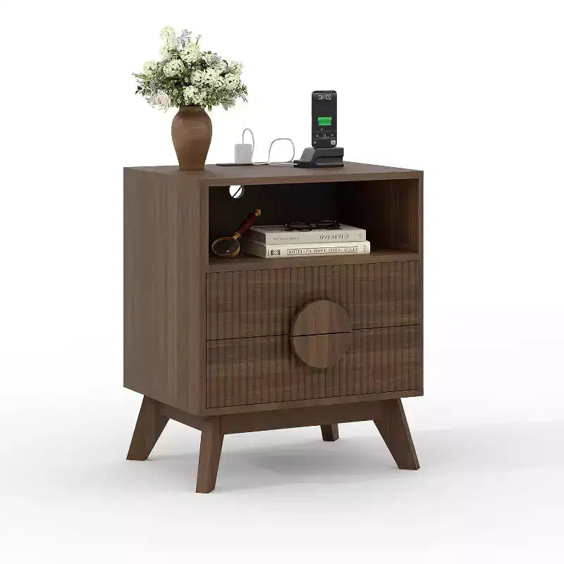 Table de Chevet Cannelée, Lot de 1, Table de Chevet en Bois avec 2 Tiroirs, Étagère Ouverte et Pieds, pour Chambre à Coucher, Salon, Gris