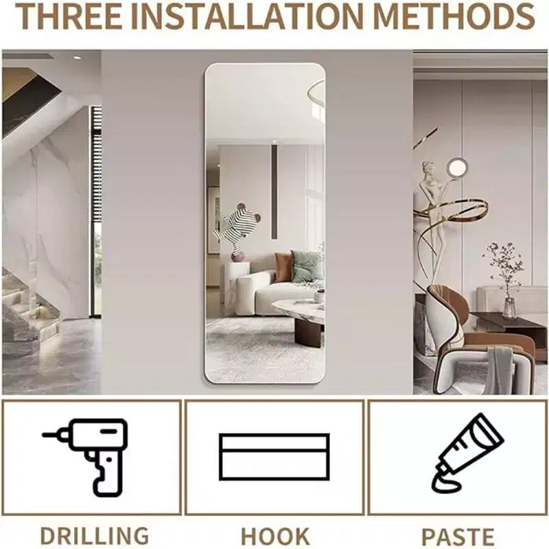 Miroir mural pleine longueur à coins ronds transparents de 60 x 15 pouces pour salon, chambre à coucher, vestiaire, avec trou de suspension