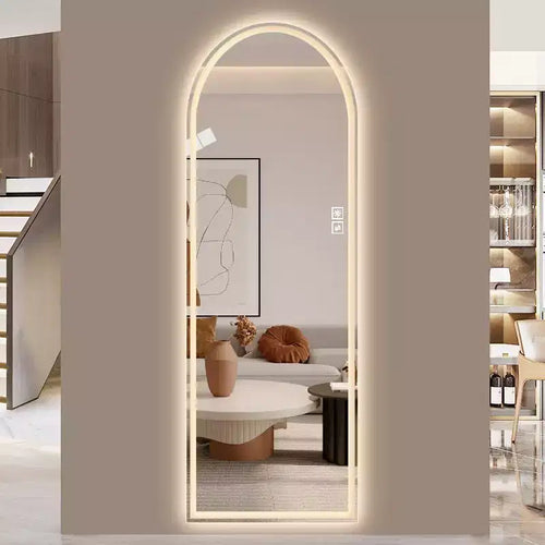 Miroir LED arqué pleine longueur 65 x 21 pouces, intensité variable, autoportant ou mural pour chambre, salon, dressing