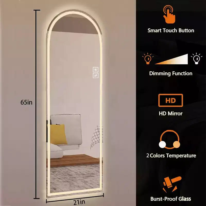 Miroir LED arqué pleine longueur 65 x 21 pouces, intensité variable, autoportant ou mural pour chambre, salon, dressing