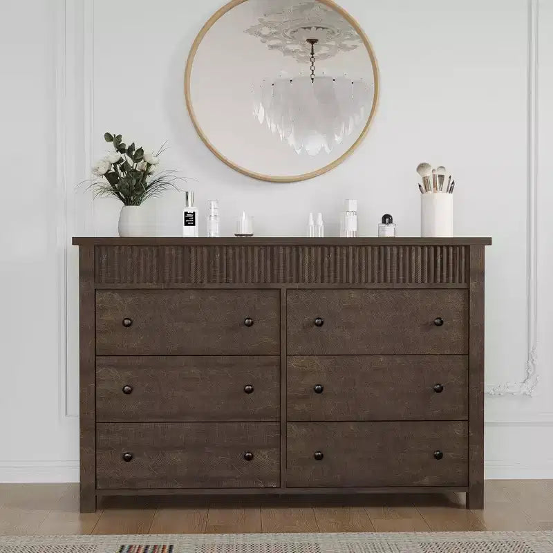 Commode 7 tiroirs pour chambre, commode en bois, meuble TV cannelé, organisateur de rangement pour salon, couloir et entrée, Noyer
