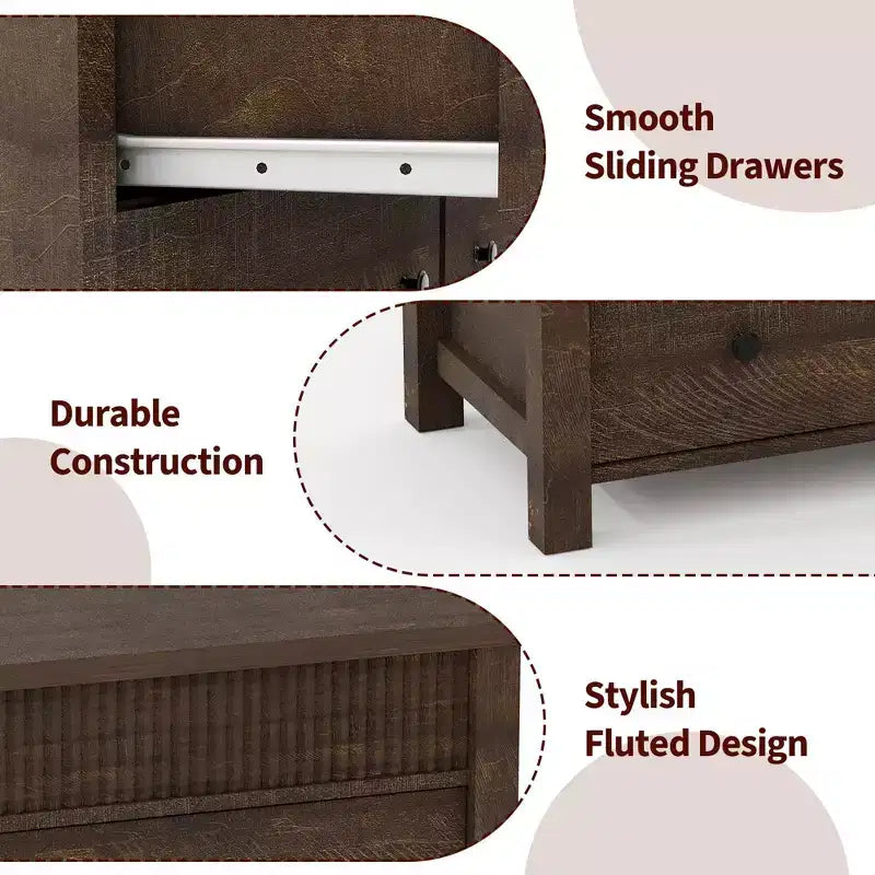 Commode 7 tiroirs pour chambre, commode en bois, meuble TV cannelé, organisateur de rangement pour salon, couloir et entrée, Noyer