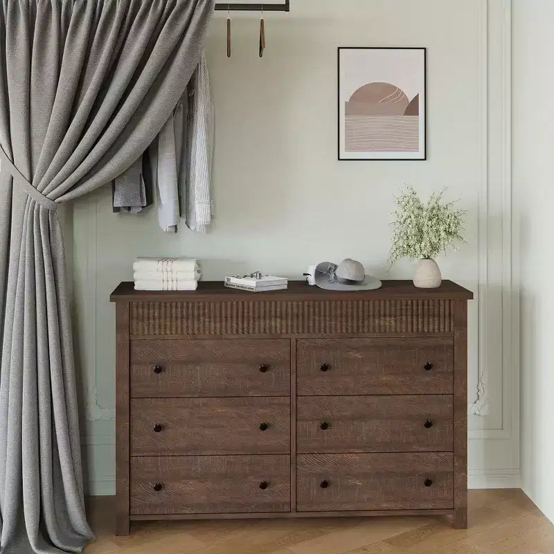 Commode 7 tiroirs pour chambre, commode en bois, meuble TV cannelé, organisateur de rangement pour salon, couloir et entrée, Noyer