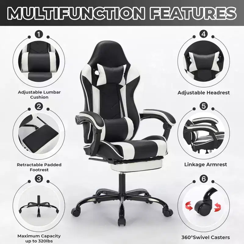 Chaise de jeu pivotante et réglable Okak avec appuie-tête et support lombaire, chaise de bureau ergonomique pour adultes