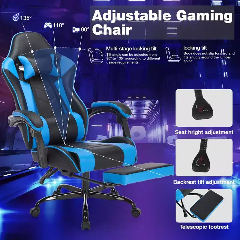Chaise de jeu pivotante et réglable Okak avec appuie-tête et support lombaire, chaise de bureau ergonomique pour adultes