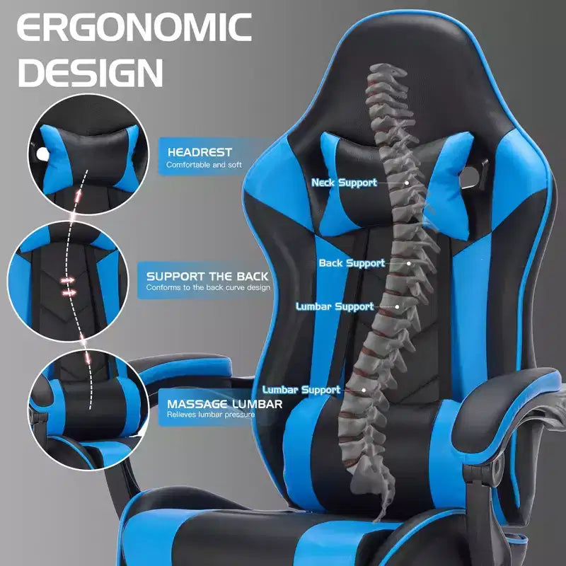 Chaise de jeu pivotante et réglable Okak avec appuie-tête et support lombaire, chaise de bureau ergonomique pour adultes
