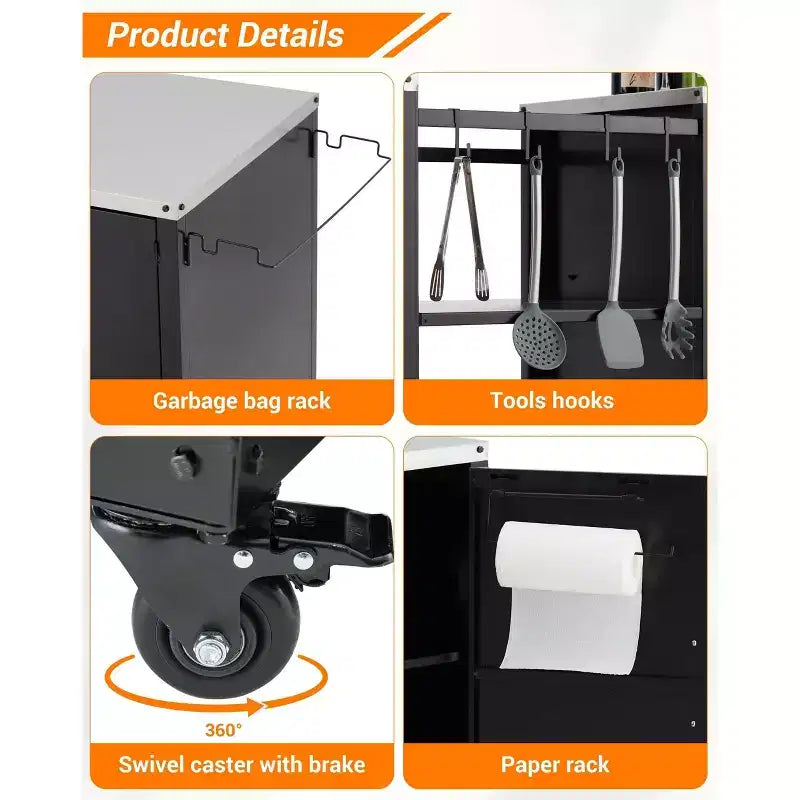 Table de barbecue robuste GustoWave pour Big Green Egg Large, station de préparation extérieure avec rangement, plateau en acier inoxydable, roulettes verrouillables - Noir