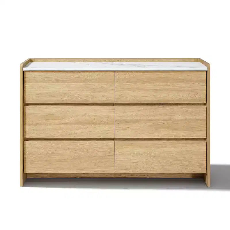 LuxenHome 47.2 Hazel Oak 6-Drawer Dresser with Raised Sides, Faux Marble Top, Durable Manufactured Wood Brown