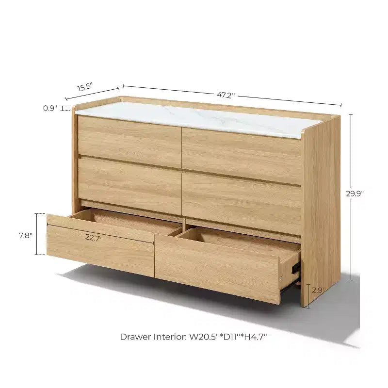 LuxenHome Commode à 6 tiroirs chêne noisetier 47,2 po avec côtés surélevés, plateau en faux marbre, bois manufacturé durable marron