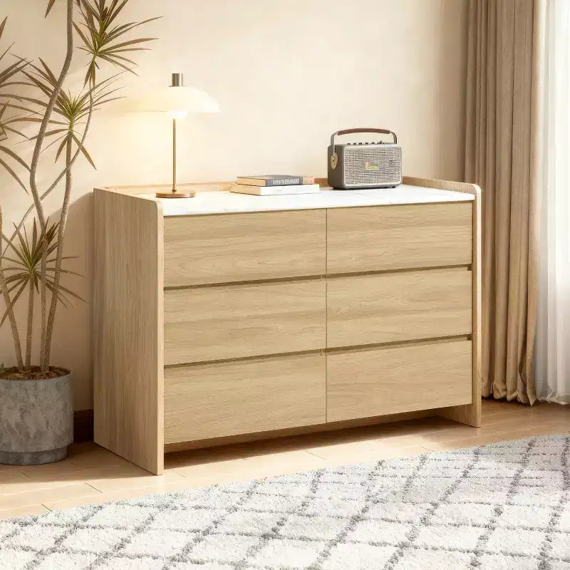 LuxenHome Commode à 6 tiroirs chêne noisetier 47,2 po avec côtés surélevés, plateau en faux marbre, bois manufacturé durable marron