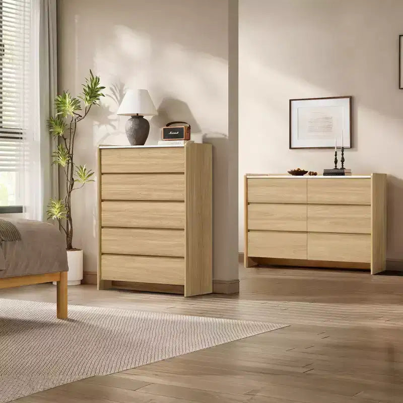 LuxenHome Commode à 6 tiroirs chêne noisetier 47,2 po avec côtés surélevés, plateau en faux marbre, bois manufacturé durable marron
