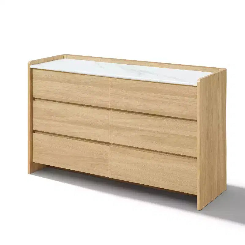 LuxenHome Commode à 6 tiroirs chêne noisetier 47,2 po avec côtés surélevés, plateau en faux marbre, bois manufacturé durable marron