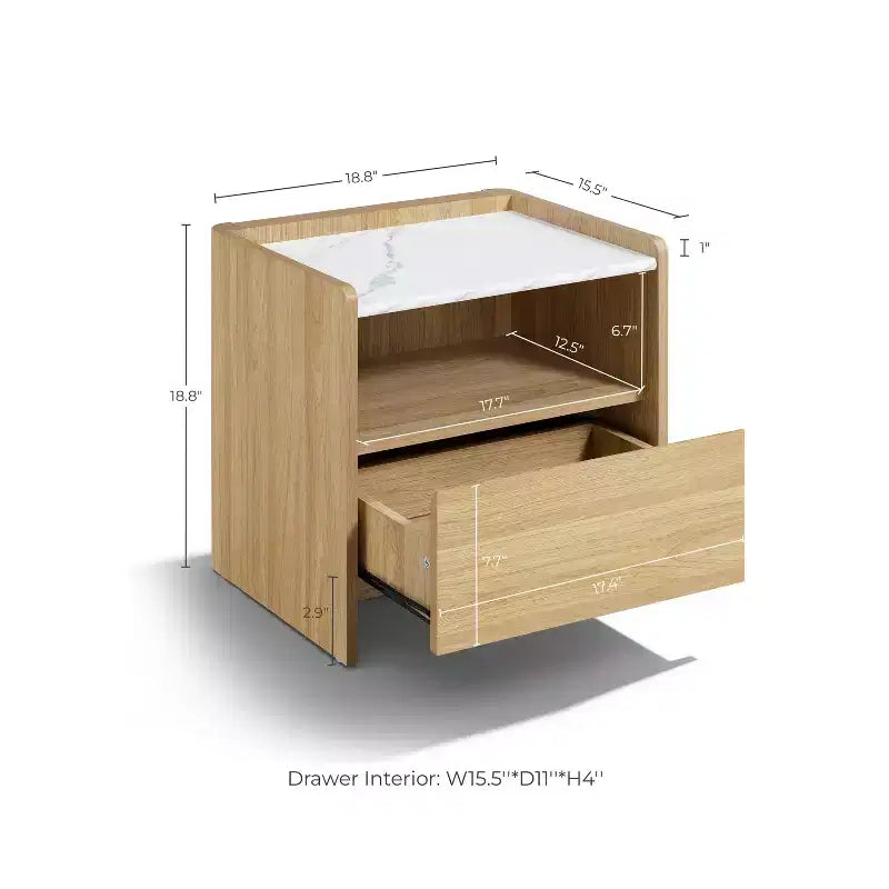 LuxenHome Table de chevet 23" en chêne avec plateau en faux marbre, table de chevet en bois avec étagère de rangement ouverte marron