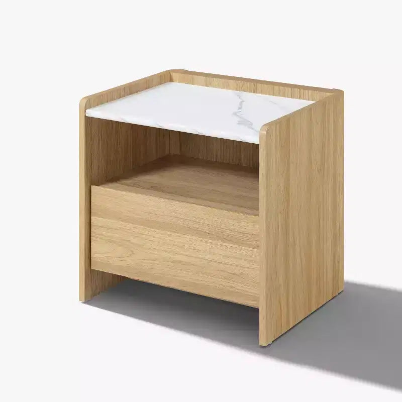 LuxenHome Table de chevet 23" en chêne avec plateau en faux marbre, table de chevet en bois avec étagère de rangement ouverte marron