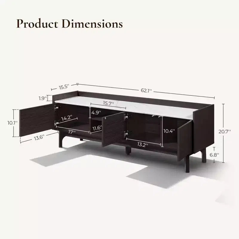 Meuble TV LuxenHome 63" noir pour téléviseurs jusqu'à 65", console média avec plateau aspect marbre marron