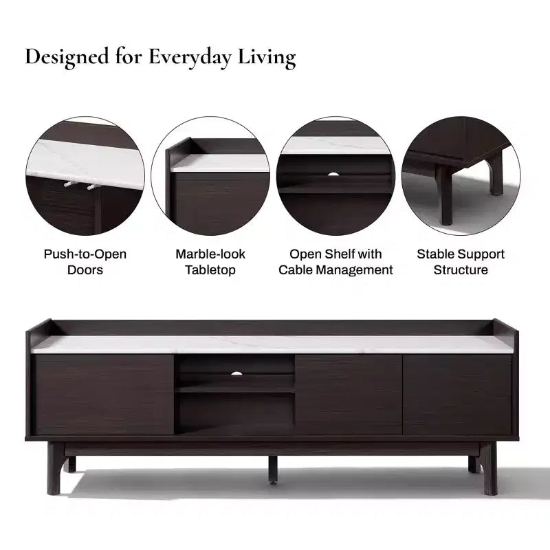 Meuble TV LuxenHome 63" noir pour téléviseurs jusqu'à 65", console média avec plateau aspect marbre marron