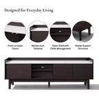 Meuble TV LuxenHome 63" noir pour téléviseurs jusqu'à 65", console média avec plateau aspect marbre marron