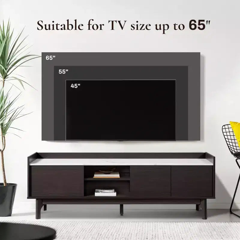 Meuble TV LuxenHome 63" noir pour téléviseurs jusqu'à 65", console média avec plateau aspect marbre marron