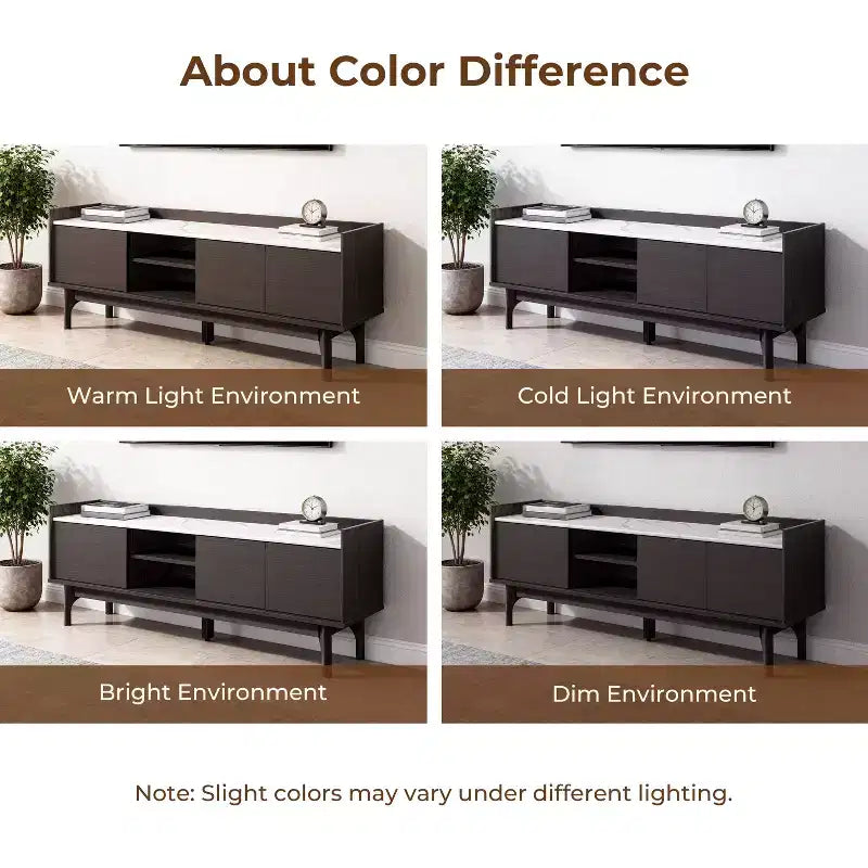 Meuble TV LuxenHome 63" noir pour téléviseurs jusqu'à 65", console média avec plateau aspect marbre marron