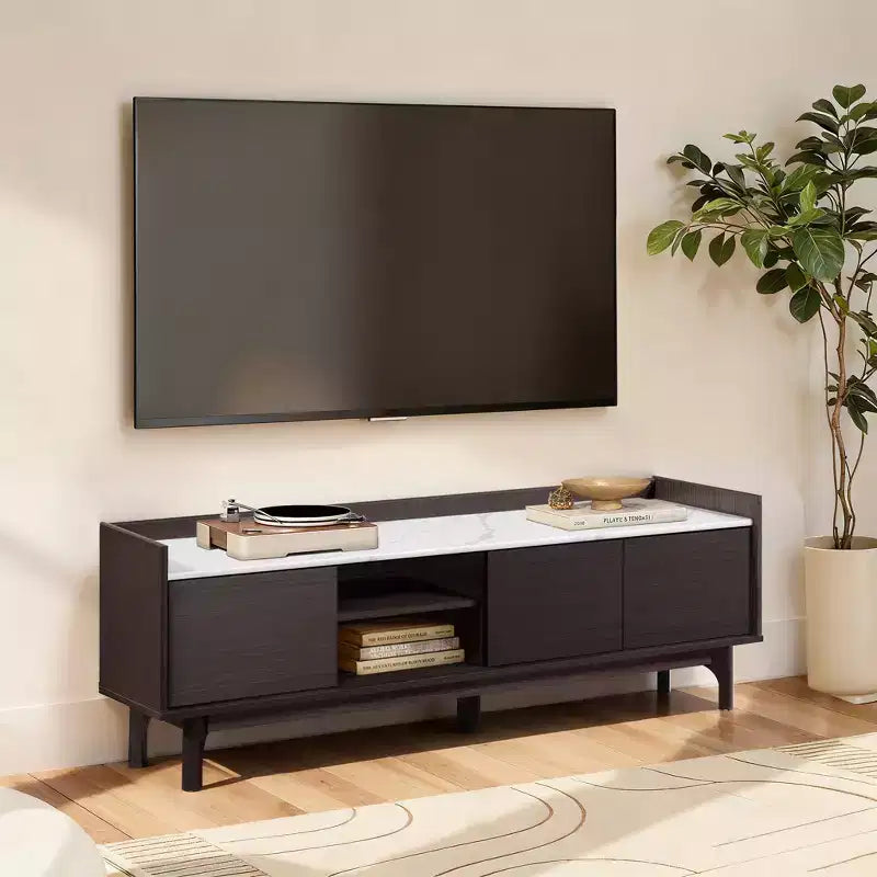 Meuble TV LuxenHome 63" noir pour téléviseurs jusqu'à 65", console média avec plateau aspect marbre marron