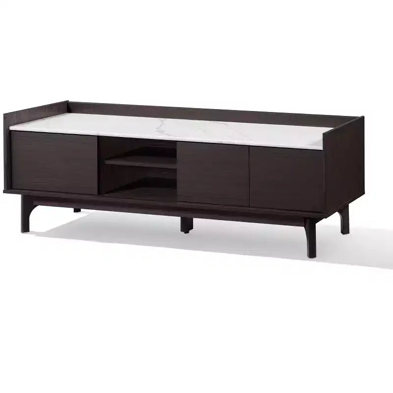 Meuble TV LuxenHome 63" noir pour téléviseurs jusqu'à 65", console média avec plateau aspect marbre marron