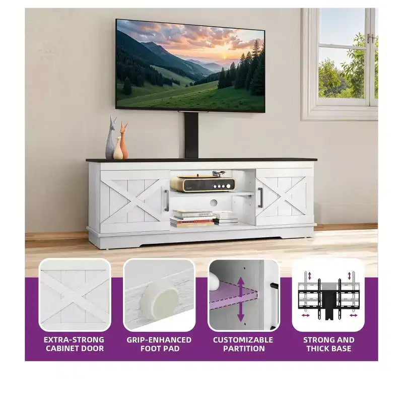 Meuble TV de ferme avec support pour téléviseur 70 pouces, centre de divertissement, console multimédia avec support réglable en hauteur pour salon