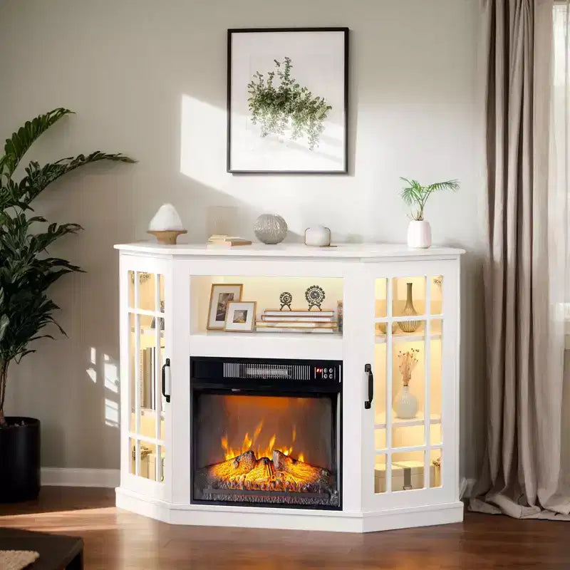Meuble TV d'angle de ferme 43'' pour téléviseurs jusqu'à 55'' avec cheminée électrique et porte vitrée