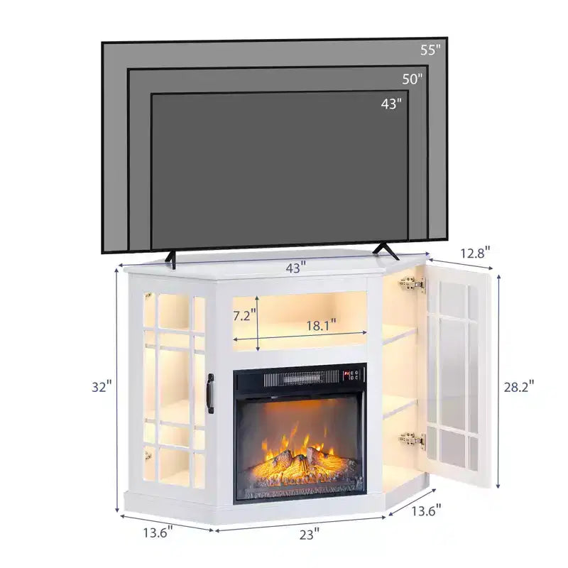 Meuble TV d'angle de ferme 43'' pour téléviseurs jusqu'à 55'' avec cheminée électrique et porte vitrée