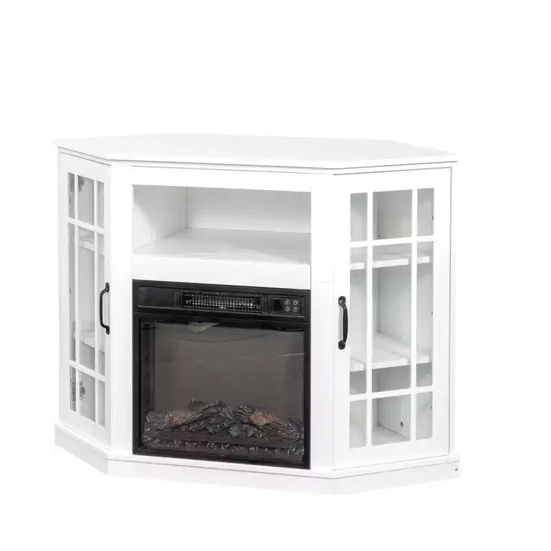 Meuble TV d'angle de ferme 43'' pour téléviseurs jusqu'à 55'' avec cheminée électrique et porte vitrée