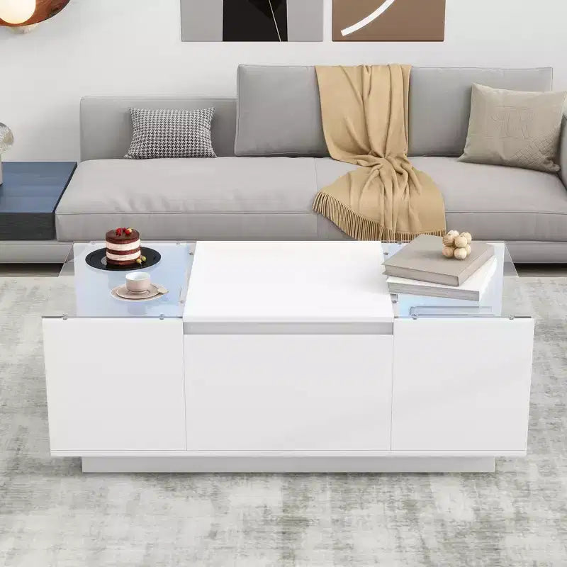 Table basse moderne avec lumières LED, table basse rectangulaire avec rangement, table basse avec tiroirs pour salon