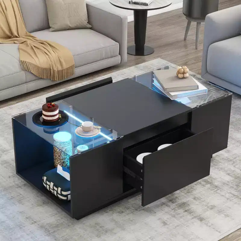 Table basse moderne avec lumières LED, table basse rectangulaire avec rangement, table basse avec tiroirs pour salon