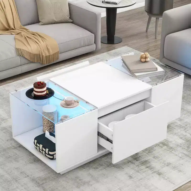 Table basse moderne avec lumières LED, table basse rectangulaire avec rangement, table basse avec tiroirs pour salon