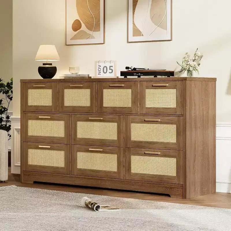 Commode en rotin à 10 tiroirs, commode de ferme de 150 cm de large avec dispositif anti-basculement, organisateur de rangement pour dressing, maison ou bureau