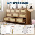 Commode en rotin à 10 tiroirs, commode de ferme de 150 cm de large avec dispositif anti-basculement, organisateur de rangement pour dressing, maison ou bureau